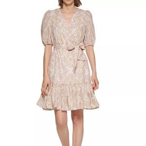 Calvin Klein Cream and Tan Patterned Dress